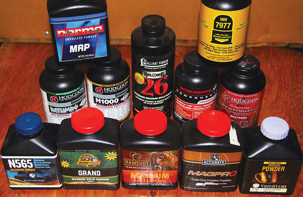 Patrick chose these powders to run the 6.8 Western through the paces: (top row) Norma MRP and IMR-7977; (middle row) Hodgdon Retumbo and H-1000, Alliant Reloder 26, Winchester StaBALL HD and Hodgdon Superformance; (front row) Vihtavuori N565, Ramshot Grand, Ramshot Magnum, Accurate Magpro and Vihtavuori N560.